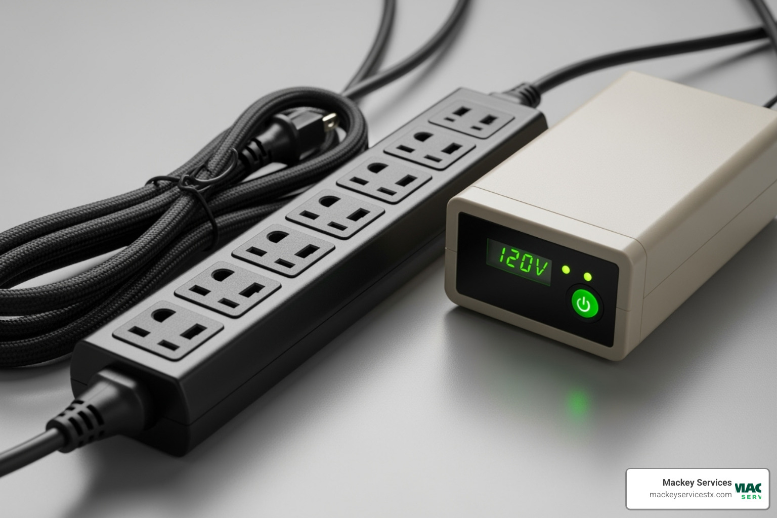 Surge protector power strip next to a box-style voltage regulator - 220v surge protector