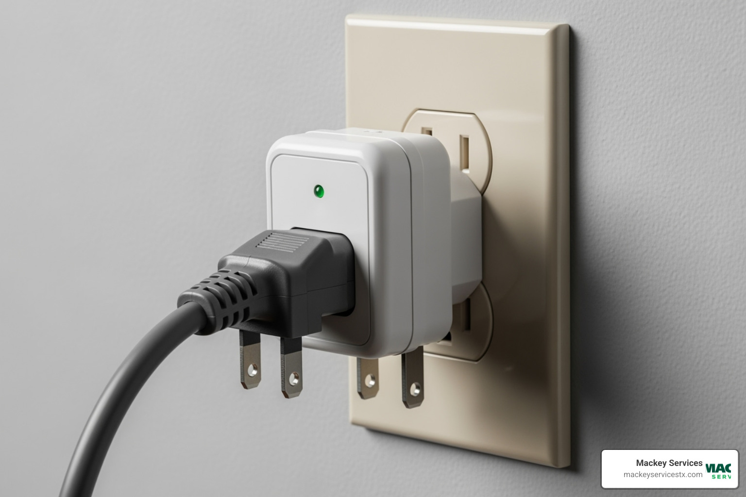 A plug-in voltage protector on a wall outlet with an AC unit plugged into it, clearly showing the compact design - voltage protector 220v