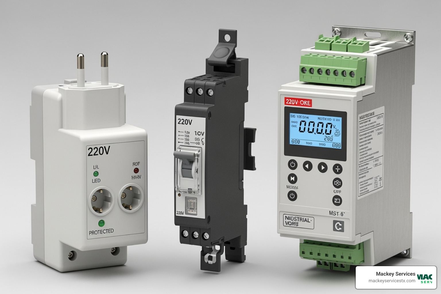 Three different types of voltage protectors side-by-side, showing a plug-in unit, a DIN-rail mount whole-house unit, and a larger industrial panel-mount unit - voltage protector 220v