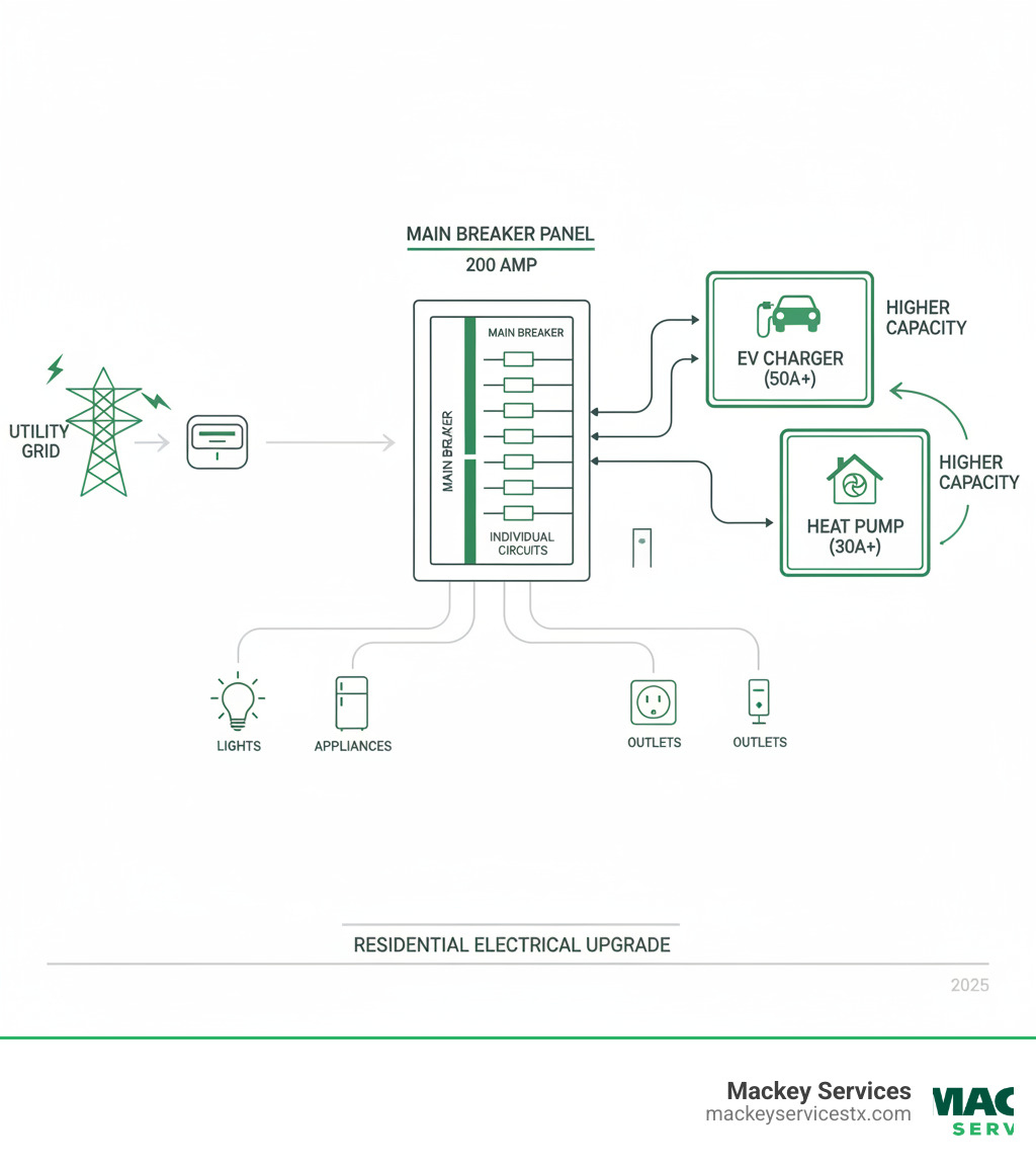 infographic showing how electricity flows from the utility grid through the main breaker panel, splits into individual circuits protected by breakers, and distributes to outlets and appliances throughout the home, with callouts showing modern additions like EV chargers and heat pumps requiring higher capacity - Residential electric panel upgrade infographic infographic showing how electricity flows from the utility grid through the main breaker panel, splits into individual circuits protected by breakers, and distributes to outlets and appliances throughout the home, with callouts showing modern additions like EV chargers and heat pumps requiring higher capacity - Residential electric panel upgrade infographic