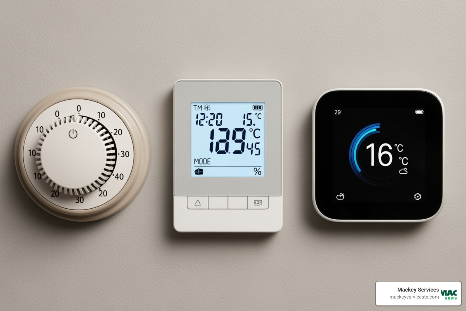 a side-by-side of a manual, programmable, and smart thermostat - furnace thermostat