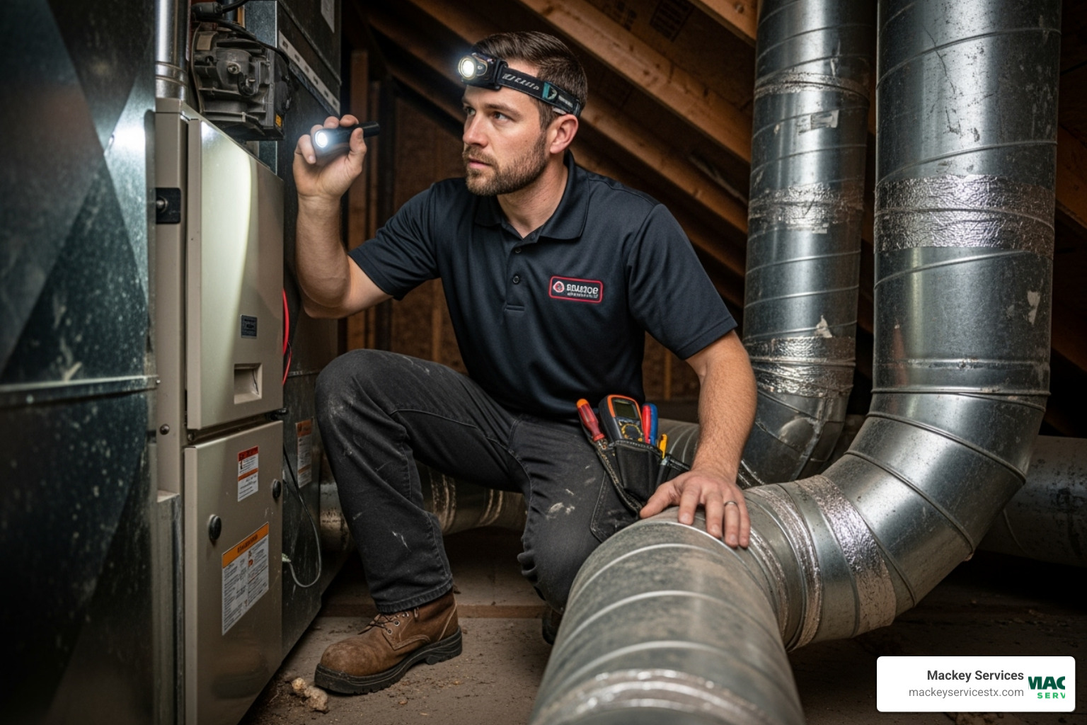 IMAGE of an HVAC technician inspecting a furnace and ductwork in an attic - adding ac to gas furnace IMAGE of an HVAC technician inspecting a furnace and ductwork in an attic - adding ac to gas furnace