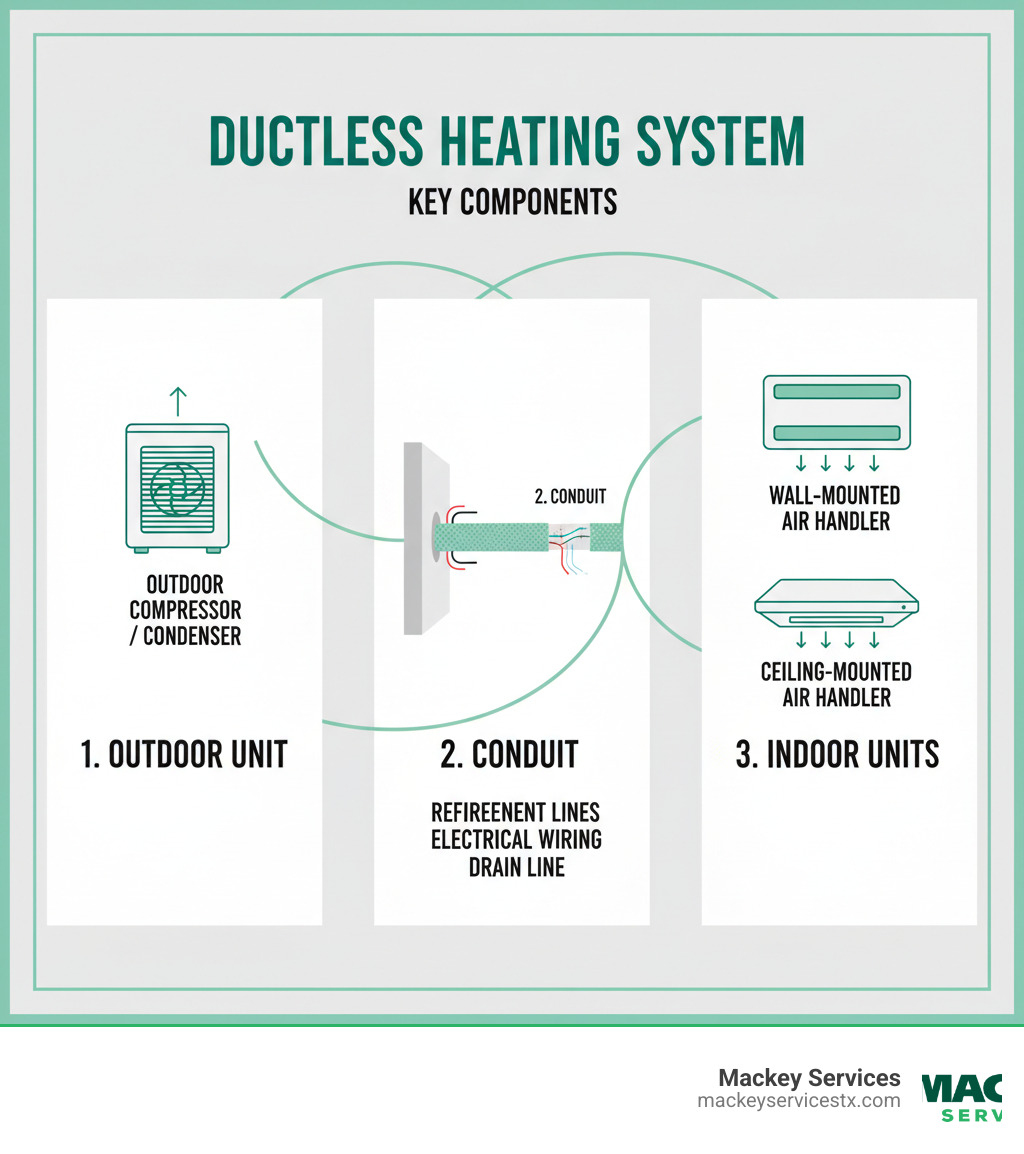 Infographic showing the three main components of a ductless heating system: an outdoor compressor/condenser unit, one or more indoor air-handling units mounted on walls or ceilings, and a small conduit connecting them through the wall containing refrigerant lines, electrical wiring, and condensate drain - ductless heater for house infographic 