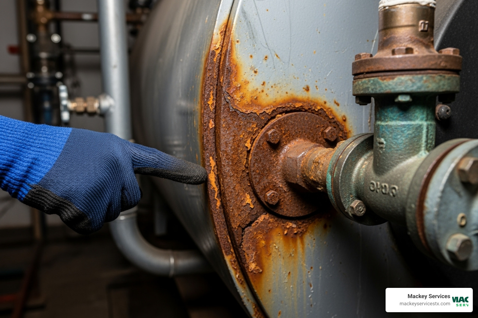 A close-up image of a commercial boiler unit, with a technician's hand pointing to visible signs of rust and corrosion on the outer casing and piping, indicating significant wear and age - commercial boiler installers near me