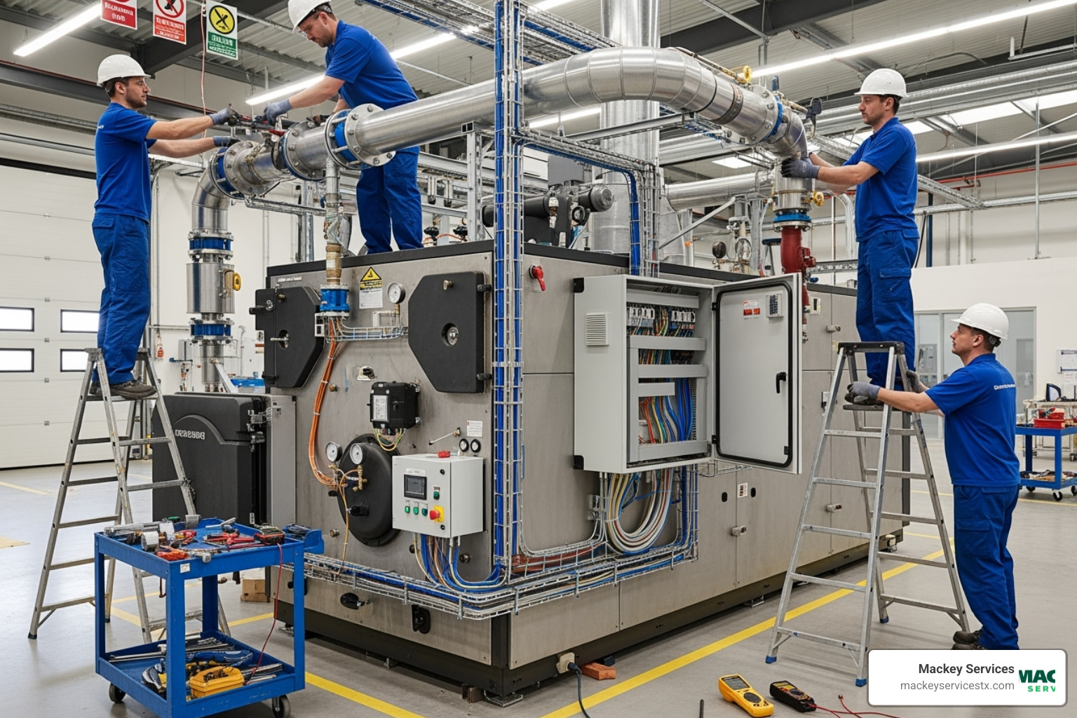 A team of skilled technicians meticulously connecting various pipes and conduits to a newly installed, large commercial boiler unit, showcasing the complexity and precision required for the setup - commercial boiler installers near me