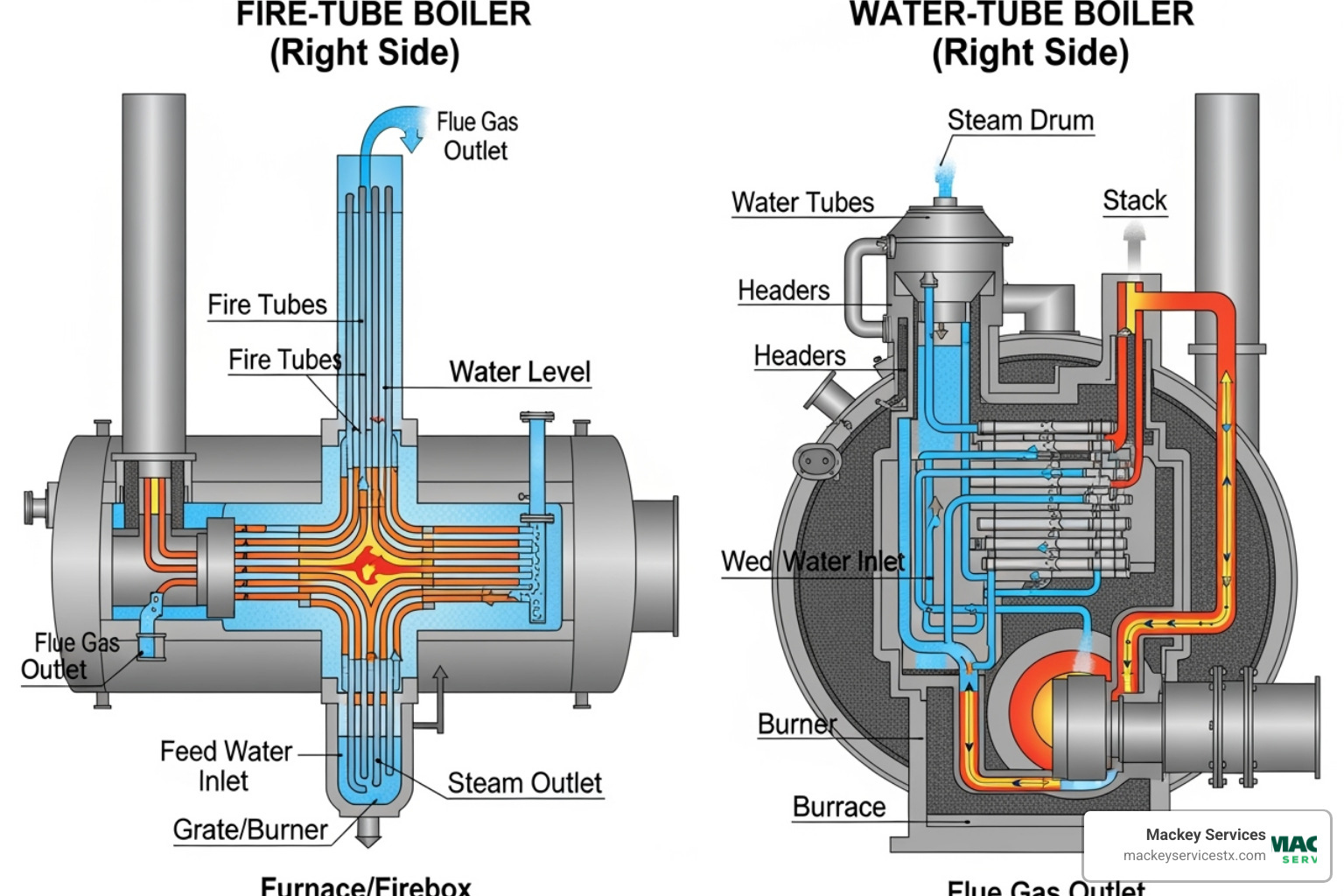 A diagram illustrating the internal components and operational flow of both a fire-tube boiler and a water-tube boiler, highlighting the path of water and combustion gases in each design - commercial boiler installers near me