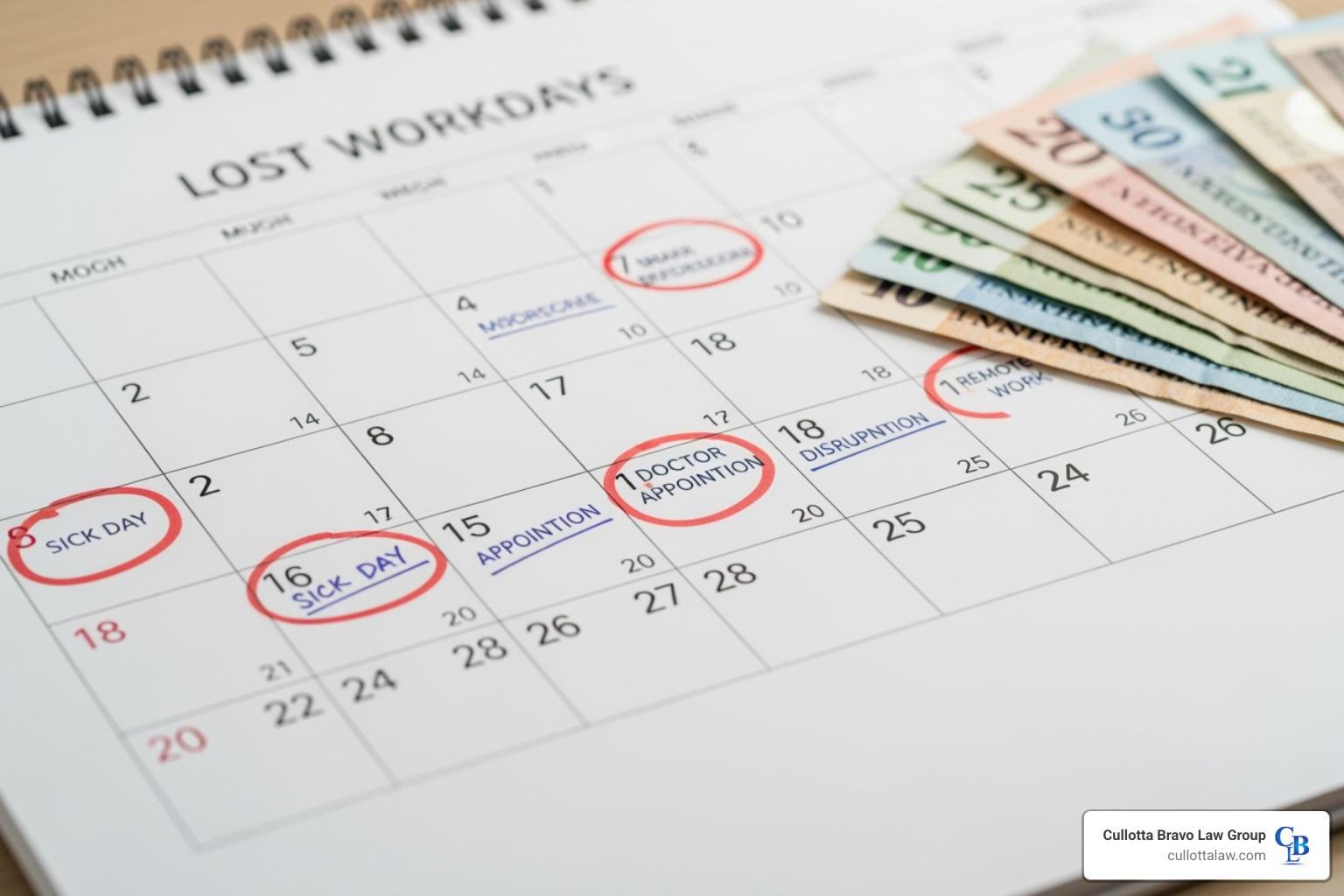 calendar with paydays marked off to represent lost wage benefits - aurora workers compensation