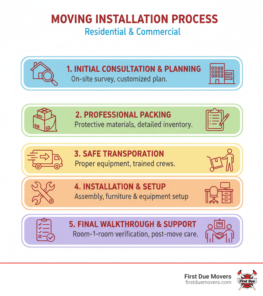 Infographic showing the five key stages of residential and commercial moving installation: 1) Initial consultation and customized planning with on-site survey, 2) Professional packing with protective materials and detailed inventory, 3) Safe transportation using proper equipment and trained crews, 4) Furniture and equipment installation including assembly and setup, 5) Final walkthrough and post-move support with room-by-room verification - residential commercial moving installation in renton, wa infographic 