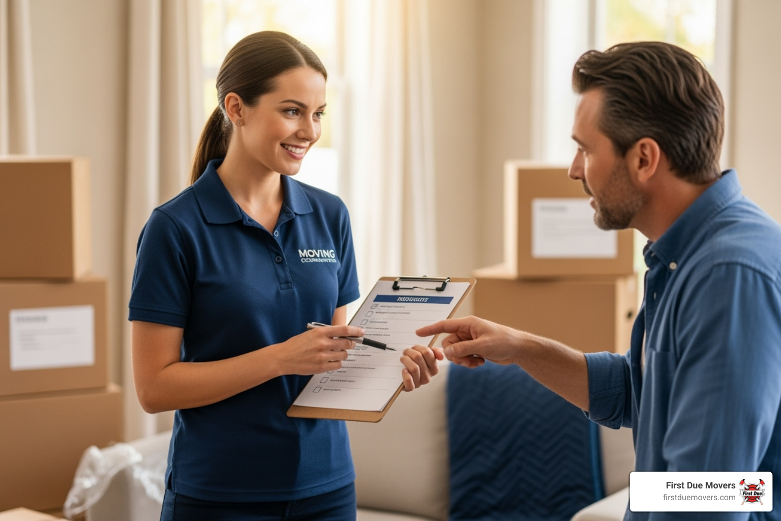 First Due Movers coordinator reviewing checklist with client - residential commercial moving installation in renton, wa