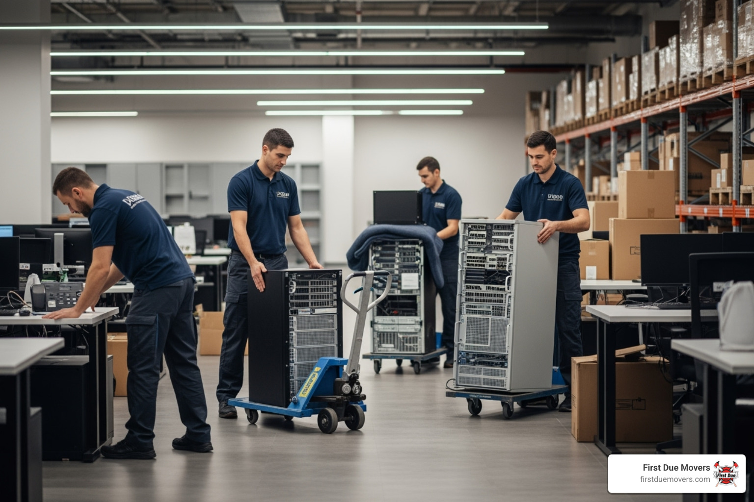 First Due Movers handling specialized IT equipment with care - residential commercial moving installation in renton, wa