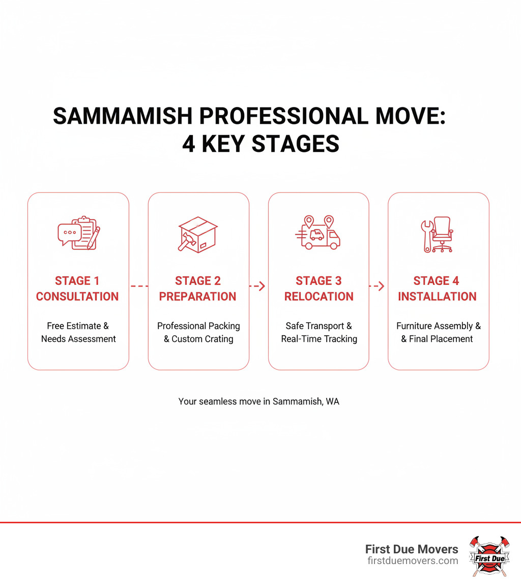 Infographic showing the 4 key stages of a professional move in Sammamish: Stage 1 Consultation with free estimate and needs assessment, Stage 2 Preparation including professional packing and custom crating, Stage 3 Relocation with safe transport and real-time tracking, Stage 4 Installation featuring furniture assembly and final placement - residential commercial moving installation in sammamish, wa infographic 