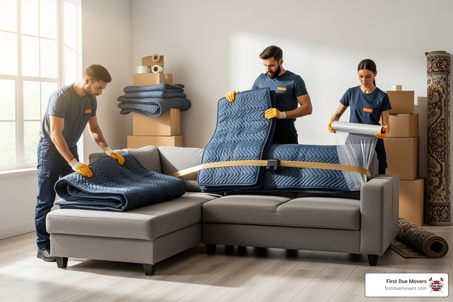 Movers using thick pads to wrap a piece of furniture - residential commercial moving installation in sammamish, wa