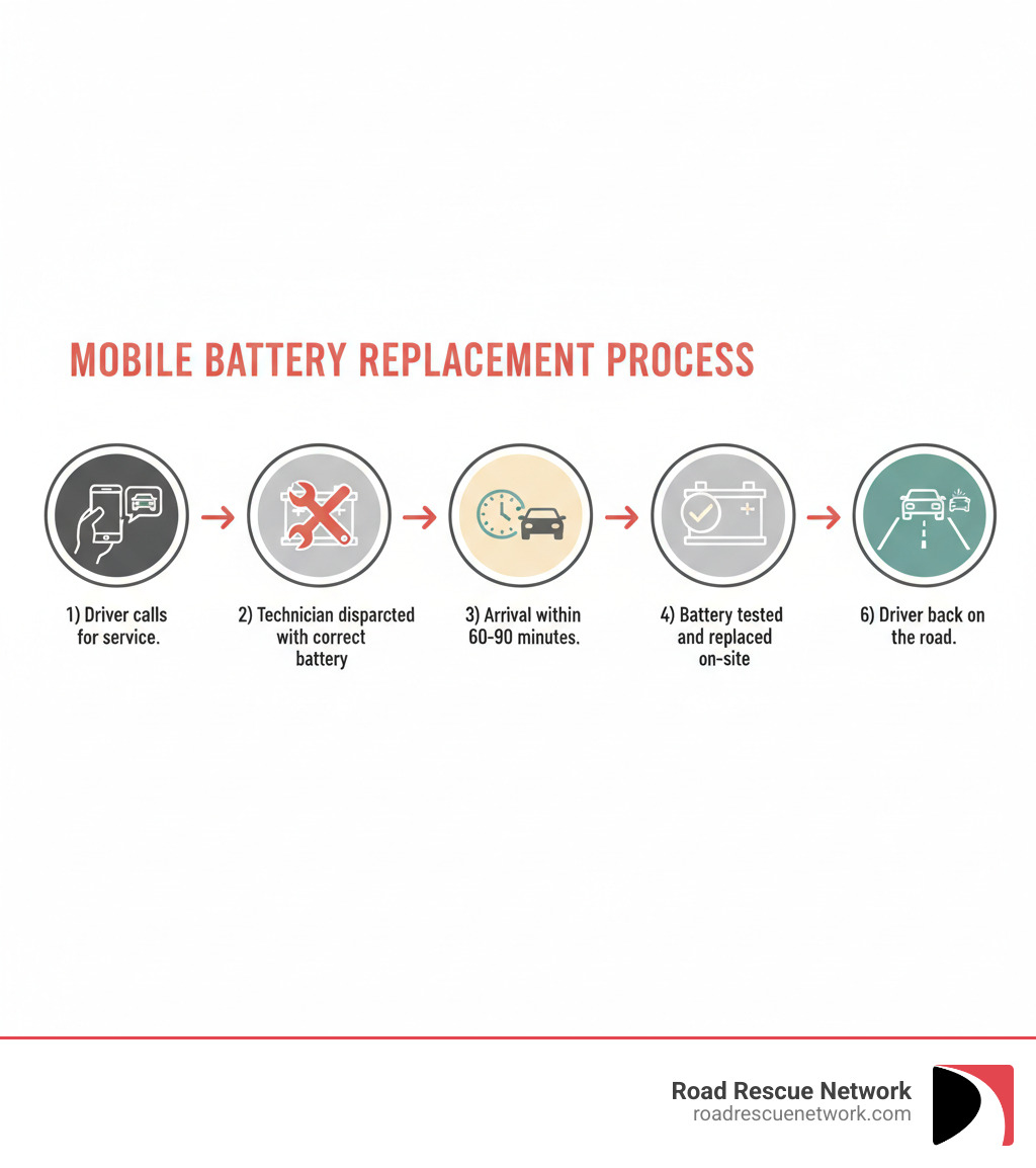 infographic showing mobile battery replacement process: 1) Driver calls for service 2) Technician dispatched with correct battery 3) Arrival within 60-90 minutes 4) Battery tested and replaced on-site 5) Old battery recycled 6) Driver back on the road - mobile battery replacement infographic 