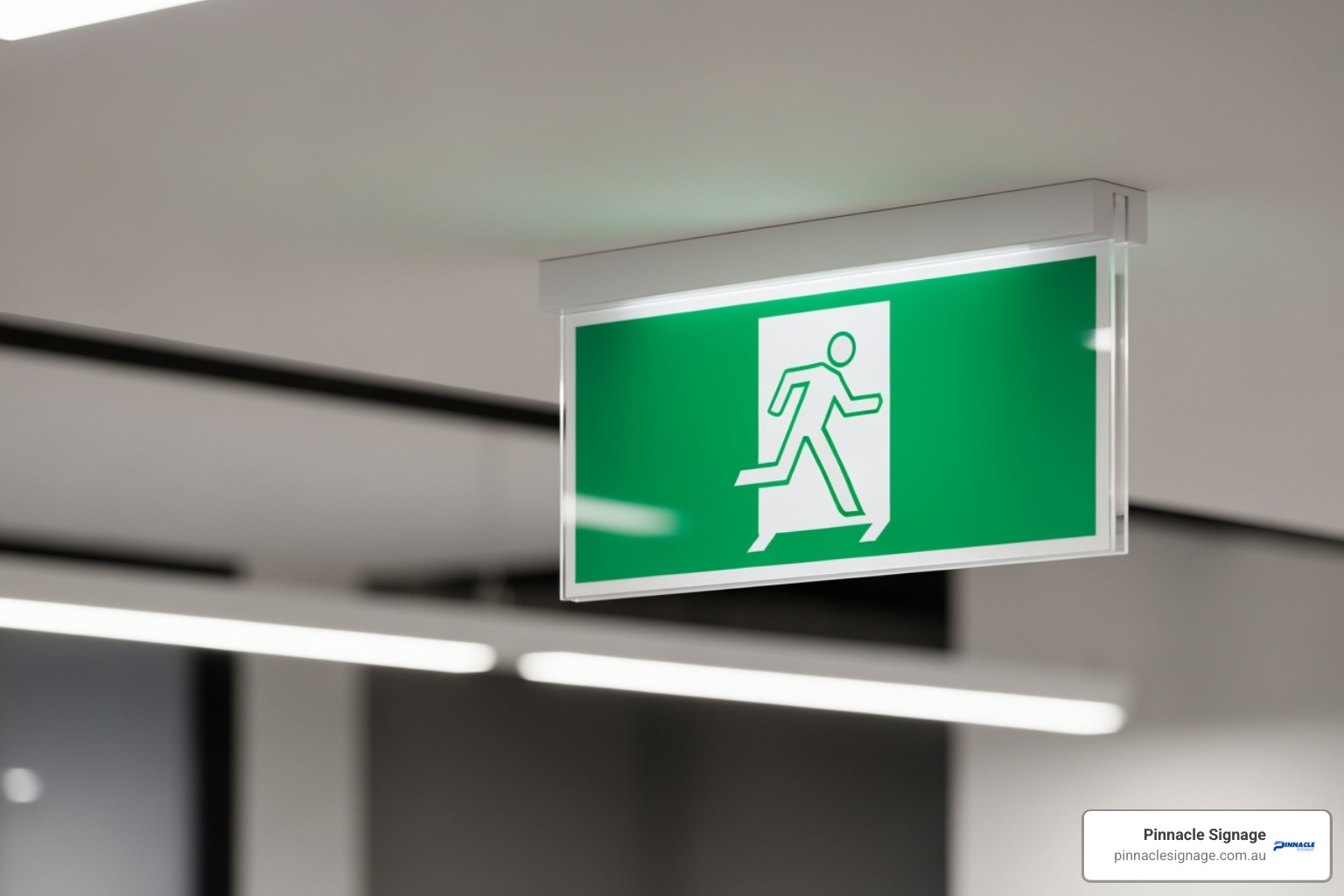 Ceiling-mounted green and white emergency exit sign, one of many illuminated poly off wall signs for quick evacuation. Ceiling-mounted green and white emergency exit sign, one of many illuminated poly off wall signs for quick evacuation.