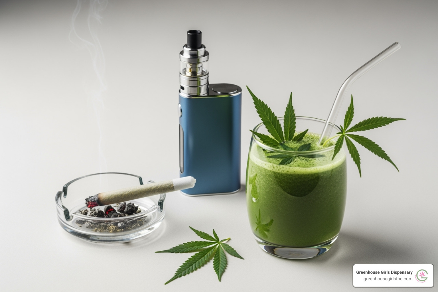 Various consumption methods like a pre-roll, a vaporizer, and a smoothie - What is THCa flower