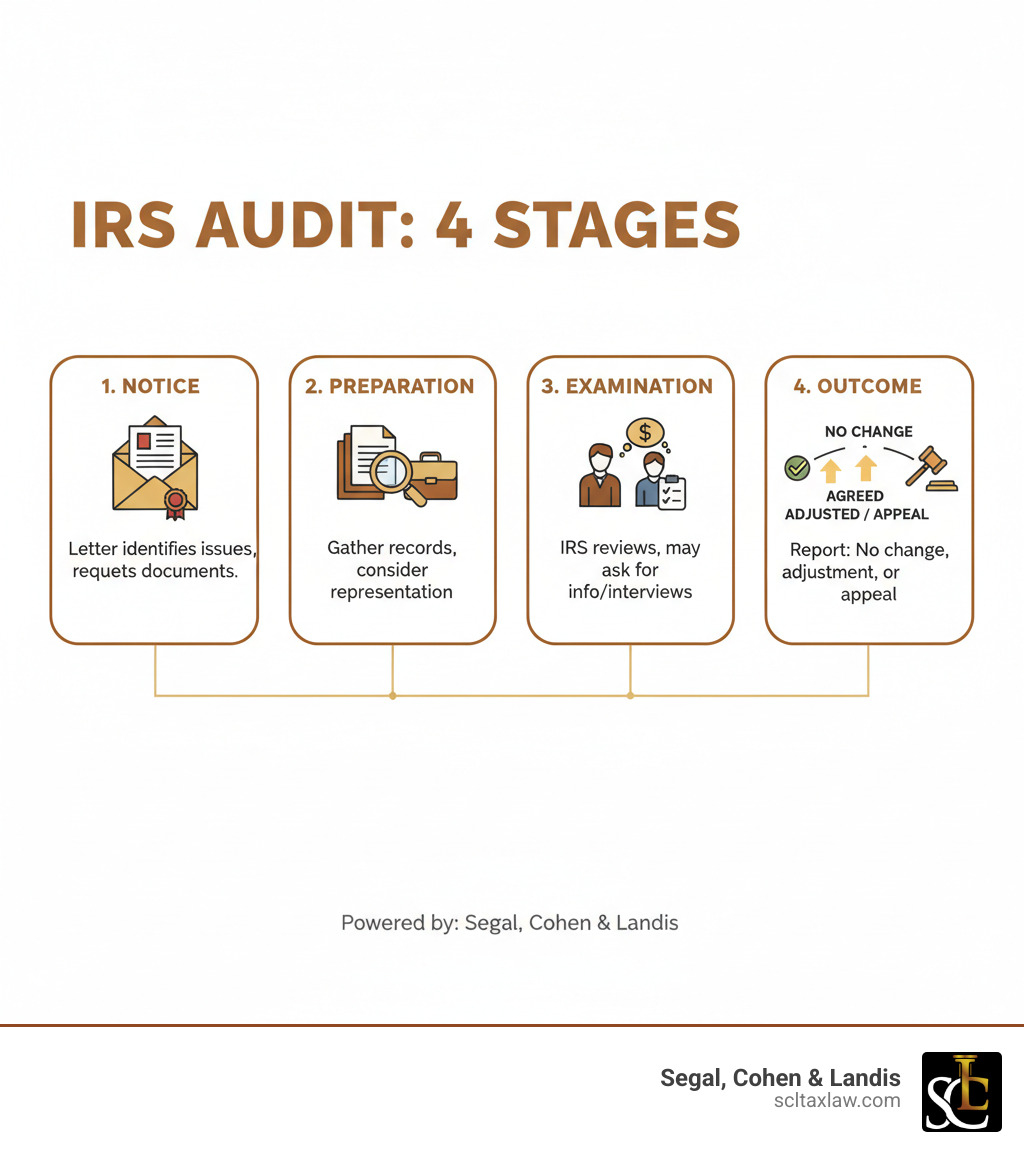 Infographic showing the 4 stages of an IRS audit: 1. Notice - IRS sends audit letter by mail identifying issues and requesting documentation; 2. Preparation - Taxpayer gathers records, may hire representation, and responds by deadline; 3. Examination - IRS reviews submitted documents, may request additional information or conduct interviews; 4. Outcome - IRS issues examination report with no change, agreed adjustment, or disputed findings subject to appeal - what happens if the irs audits you infographic 