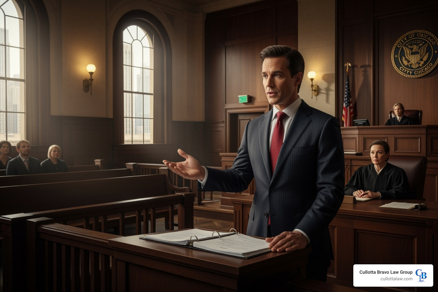 of a lawyer presenting a case in a Chicago courtroom - Chicago brain injury lawyer