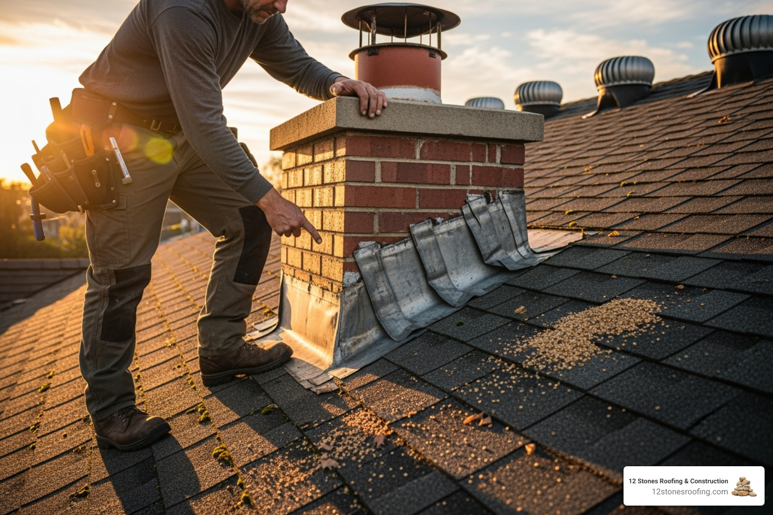 roofer inspecting damaged flashing around a chimney - Water damage roof cost roofer inspecting damaged flashing around a chimney - Water damage roof cost
