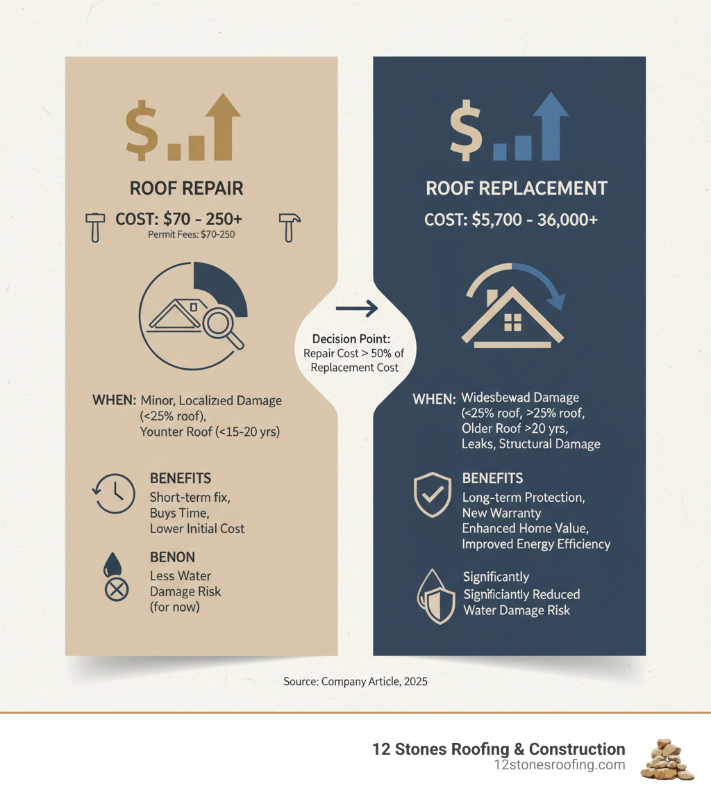 Infographic comparing roof repair vs replacement costs and benefits - Water damage roof cost infographic Infographic comparing roof repair vs replacement costs and benefits - Water damage roof cost infographic