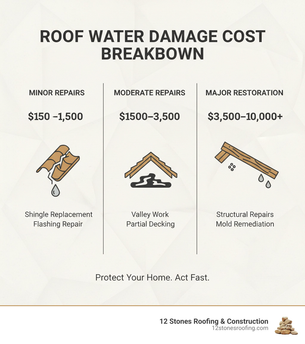 Infographic showing cost breakdown: Minor Repairs $150-$1,500 including shingle replacement and flashing, Moderate Repairs $1,500-$3,500 including valley work and partial decking, Major Restoration $3,500-$10,000+ including structural repairs and mold remediation, with icons showing damaged shingles, water stains, and sagging deck - Water damage roof cost infographic Infographic showing cost breakdown: Minor Repairs $150-$1,500 including shingle replacement and flashing, Moderate Repairs $1,500-$3,500 including valley work and partial decking, Major Restoration $3,500-$10,000+ including structural repairs and mold remediation, with icons showing damaged shingles, water stains, and sagging deck - Water damage roof cost infographic