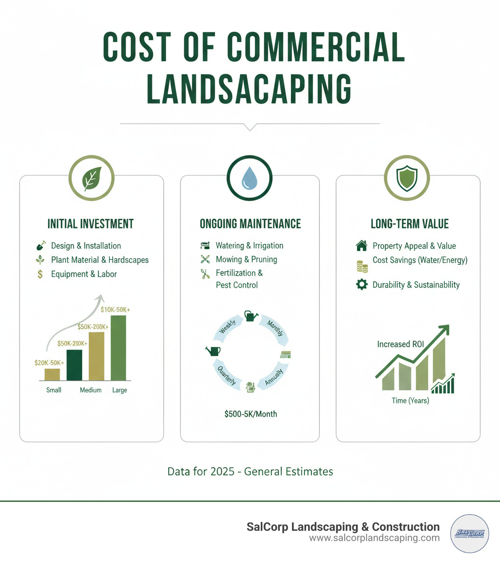 Infographic showing the top 5 factors that influence commercial landscaping costs: 1. Property size (measured in acres or square feet with visual scale comparison), 2. Service scope (basic mowing vs. full-service packages with service icons), 3. Labor and equipment costs (hourly rates $40-$80 per worker with equipment illustrations), 4. Location and accessibility (urban vs. rural pricing differences, terrain challenges), 5. Property condition and complexity (well-maintained vs. neglected properties, slopes and obstacles) - cost of commercial landscaping infographic 