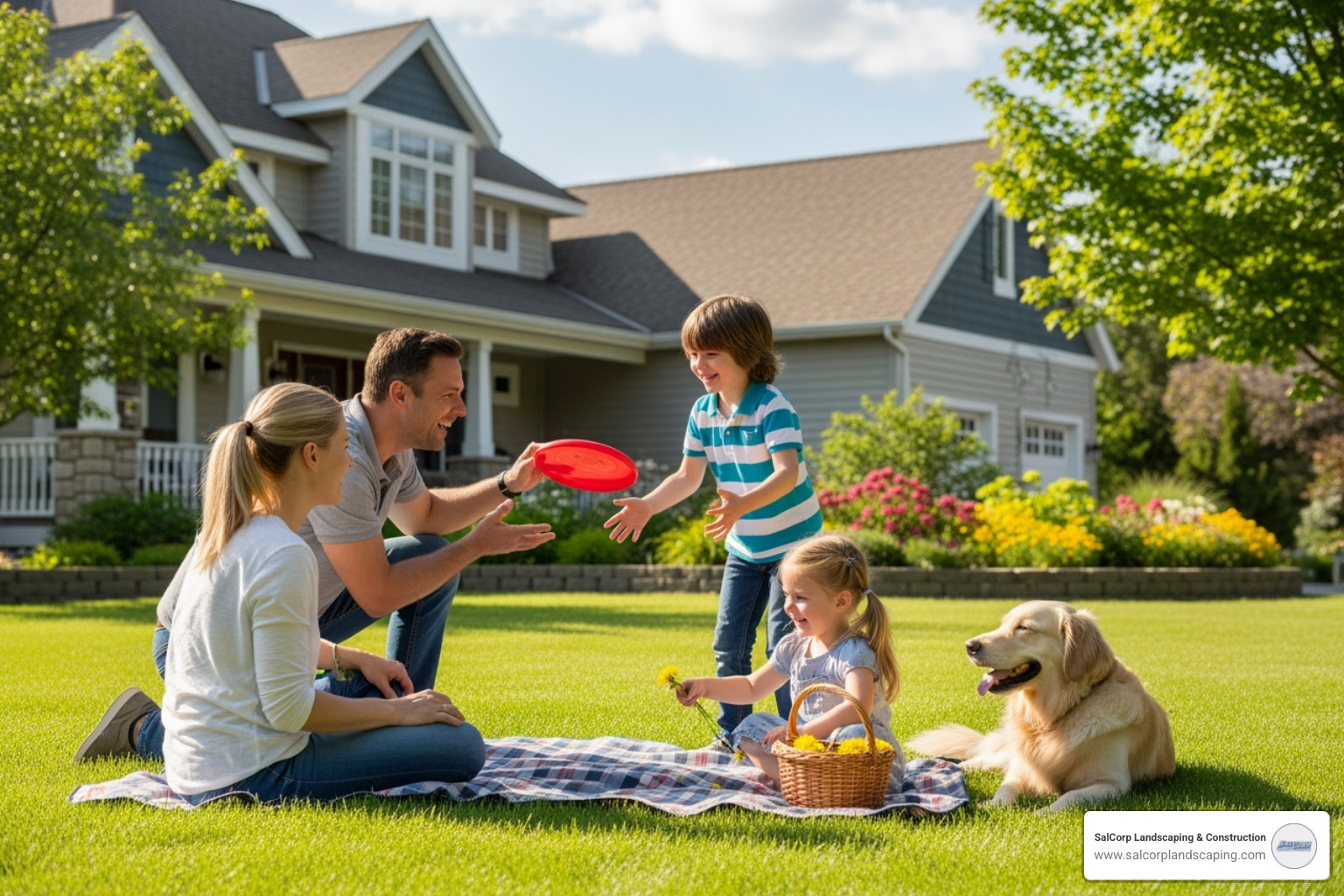 happy family enjoying a beautiful green lawn - above ground hose sprinkler system happy family enjoying a beautiful green lawn - above ground hose sprinkler system