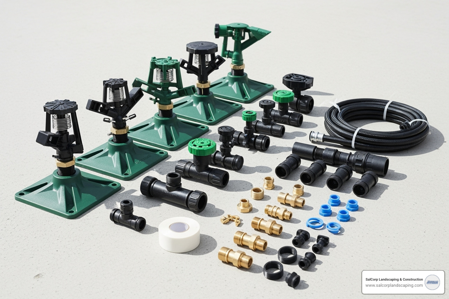 complete above ground sprinkler kit with all components laid out - above ground hose sprinkler system complete above ground sprinkler kit with all components laid out - above ground hose sprinkler system