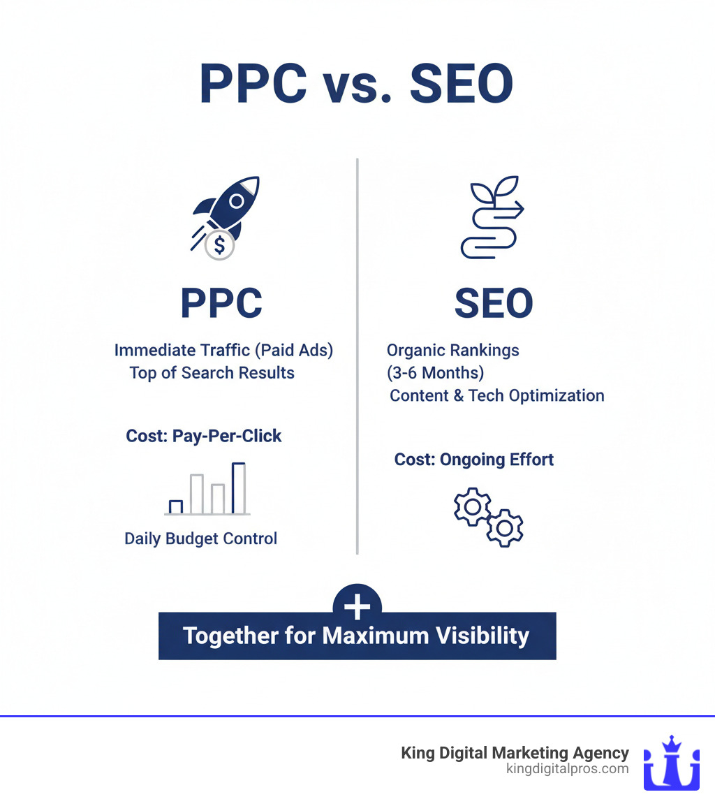 Infographic comparing PPC and SEO: PPC delivers immediate traffic through paid ads at the top of search results, while SEO builds organic rankings over 3-6 months. PPC uses a pay-per-click cost model with daily budget control, whereas SEO requires ongoing content and technical optimization. Both strategies work best together for maximum visibility. - Albuquerque PPC Agency infographic 