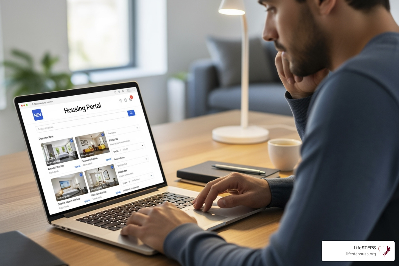 Person using a laptop to search a housing portal website - low-income housing with no waiting list