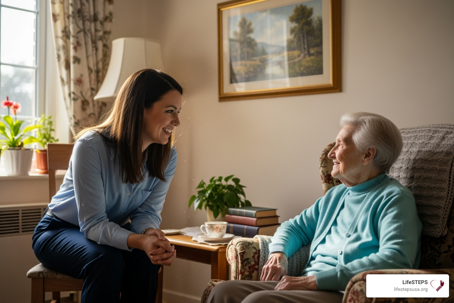 Service coordinator warmly talking with a resident in their apartment - low-income housing with no waiting list