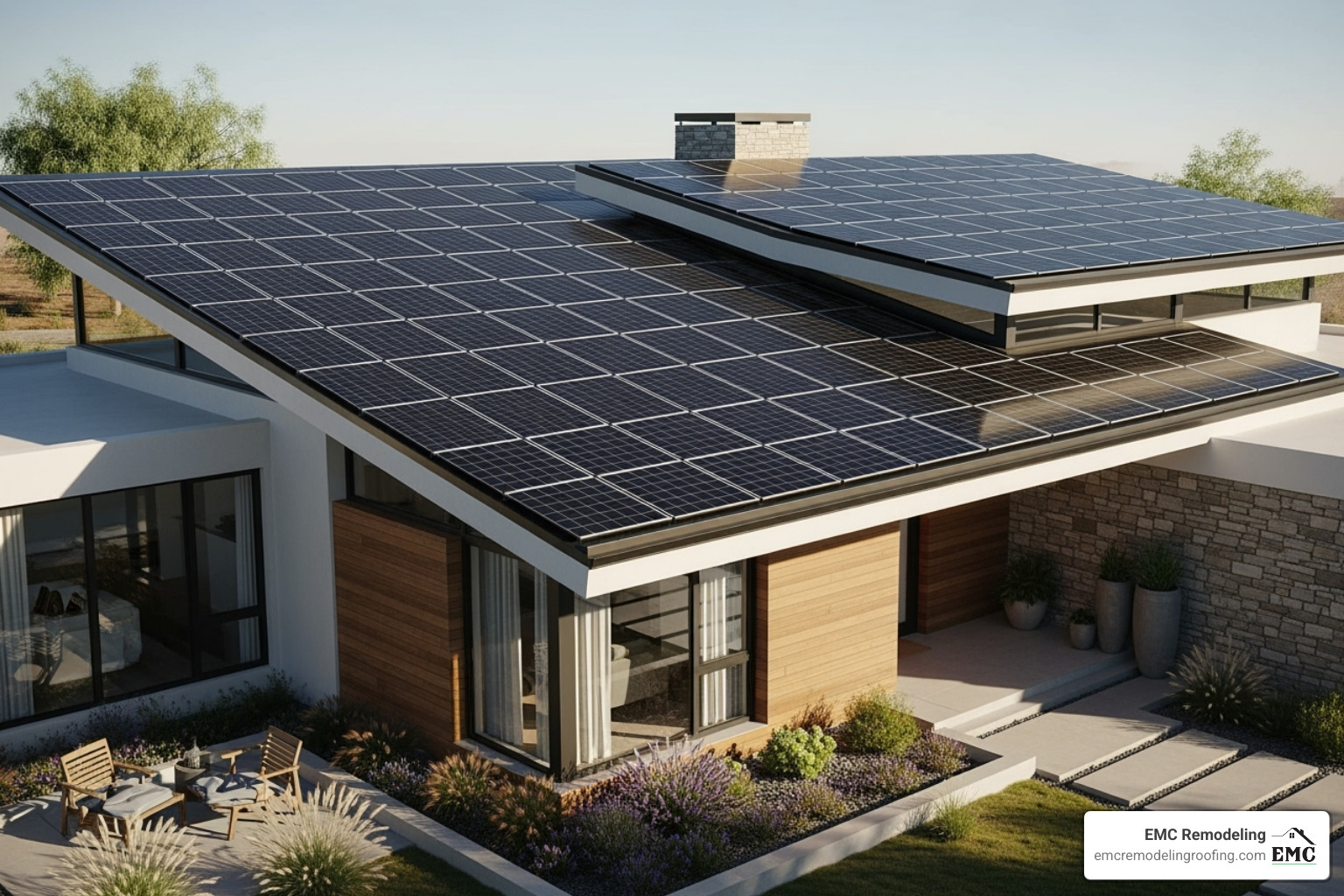 a modern home with integrated solar roof tiles - cost of retiling roof a modern home with integrated solar roof tiles - cost of retiling roof