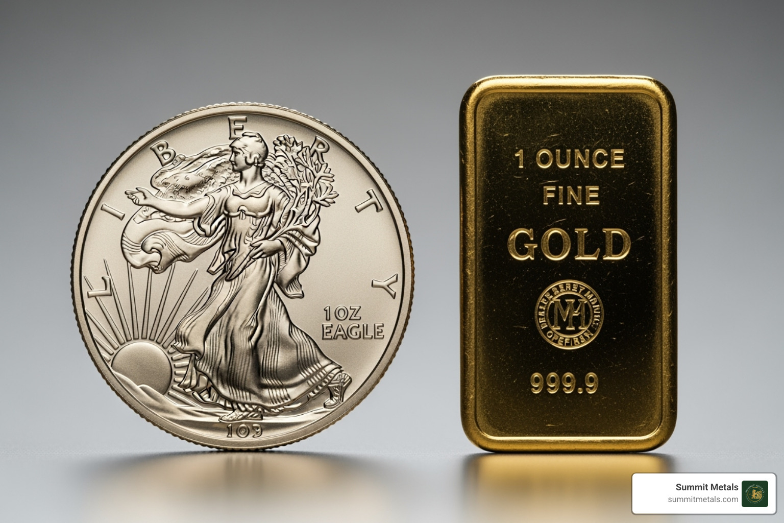 comparing a 1 oz American Gold Eagle coin next to a a 1 oz gold bar - what is the current price of gold and silver