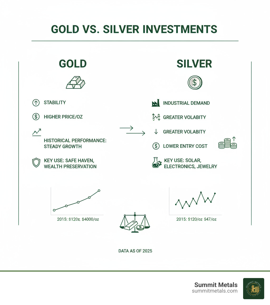 Infographic comparing gold and silver investments, showing gold's stability and higher price per ounce versus silver's industrial demand, greater volatility, lower entry cost, and higher stock-to-flow ratio, with historical performance data and key use cases for each metal - what is the current price of gold and silver infographic 