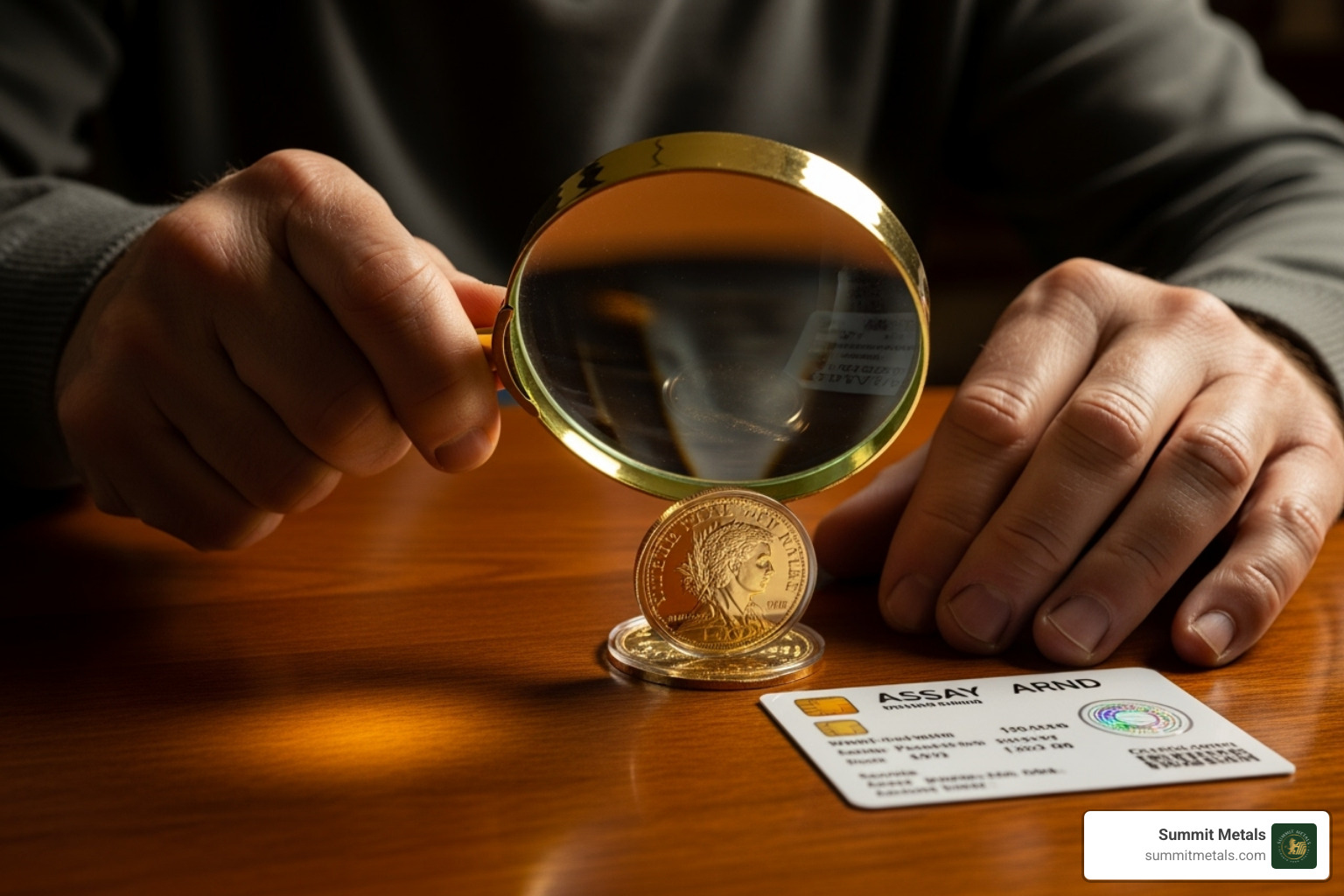 person examining a gold coin's assay card with a magnifying glass - what is the current price of gold and silver