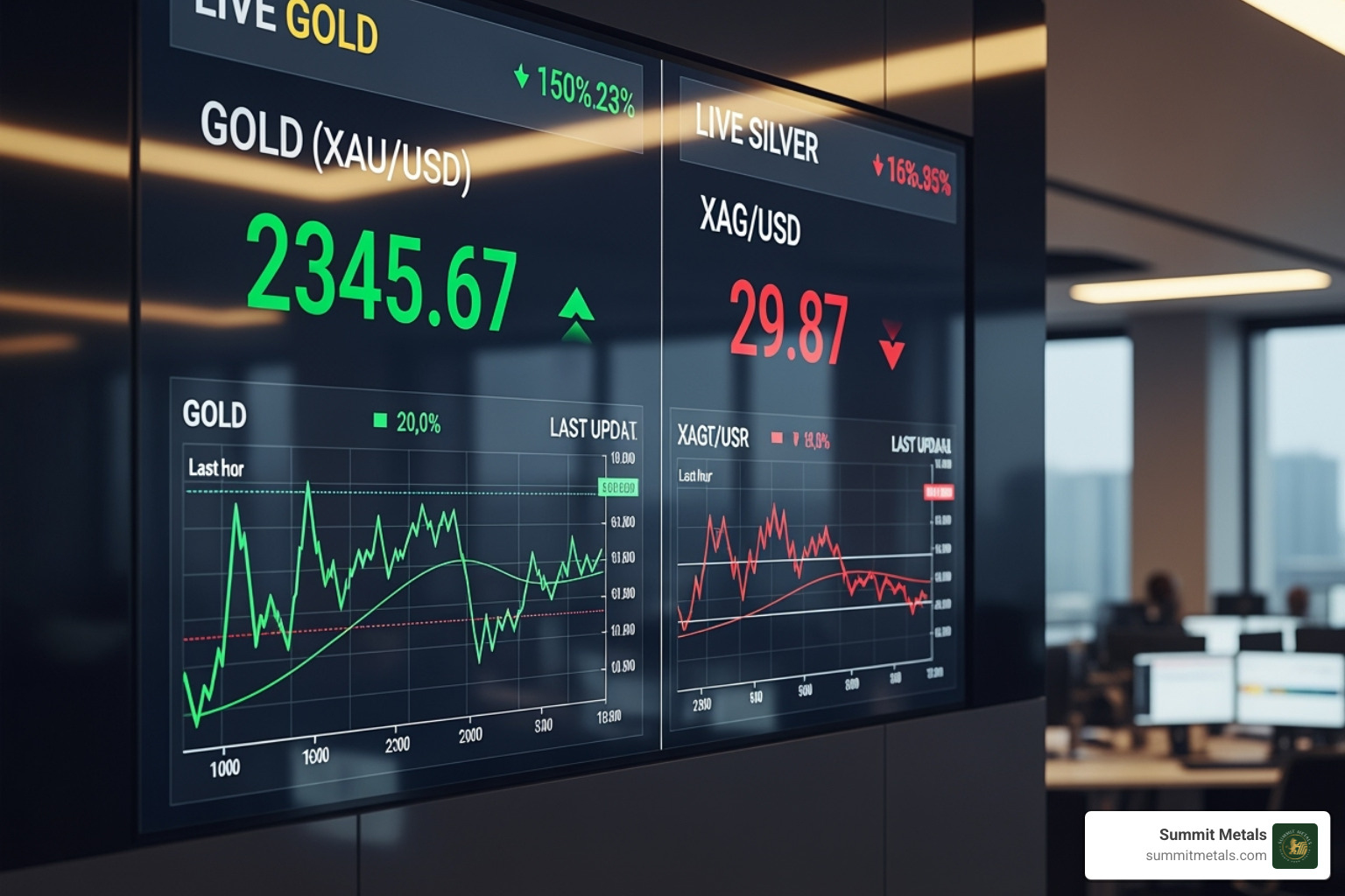 digital screen showing a live price ticker for gold and silver - what is the current price of gold and silver