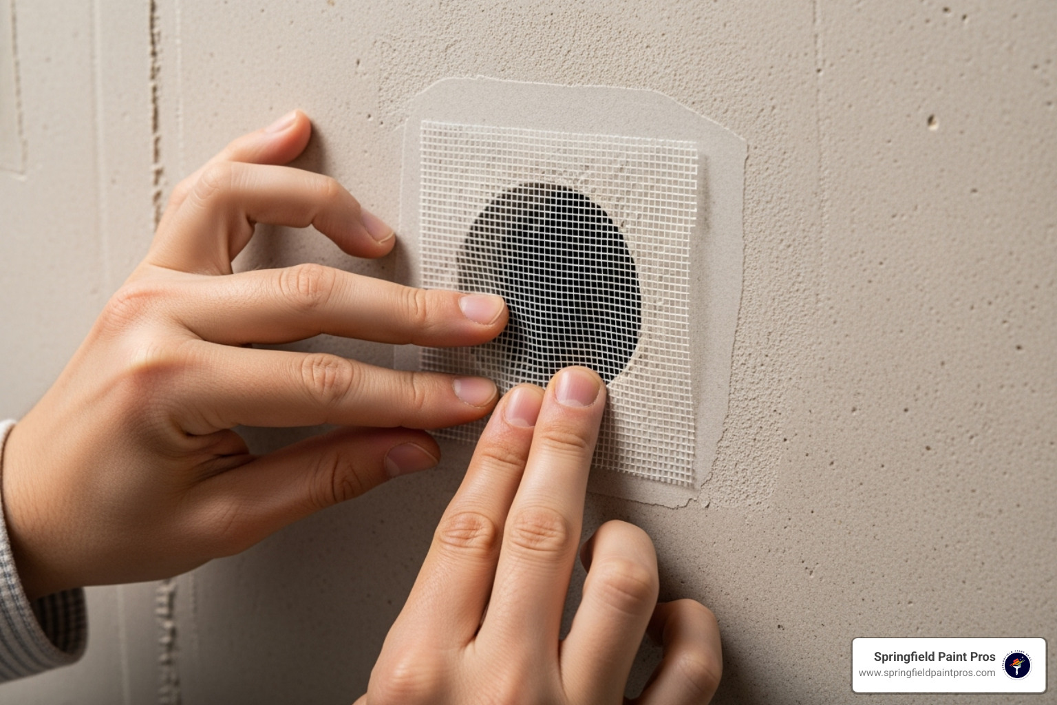 self-adhesive mesh patch being applied over a doorknob hole - Hole in wall fix self-adhesive mesh patch being applied over a doorknob hole - Hole in wall fix