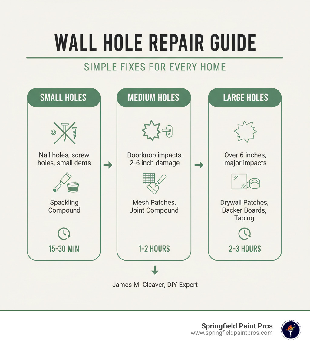 Infographic showing three categories of wall holes: Small holes (nail holes, screw holes, small dents) repaired with spackling compound in 15-30 minutes; Medium holes (doorknob impacts, 2-6 inch damage) repaired with mesh patches and joint compound in 1-2 hours; Large holes (over 6 inches, major impacts) repaired with drywall patches, backer boards, and taping in 2-3 hours - Hole in wall fix infographic Infographic showing three categories of wall holes: Small holes (nail holes, screw holes, small dents) repaired with spackling compound in 15-30 minutes; Medium holes (doorknob impacts, 2-6 inch damage) repaired with mesh patches and joint compound in 1-2 hours; Large holes (over 6 inches, major impacts) repaired with drywall patches, backer boards, and taping in 2-3 hours - Hole in wall fix infographic