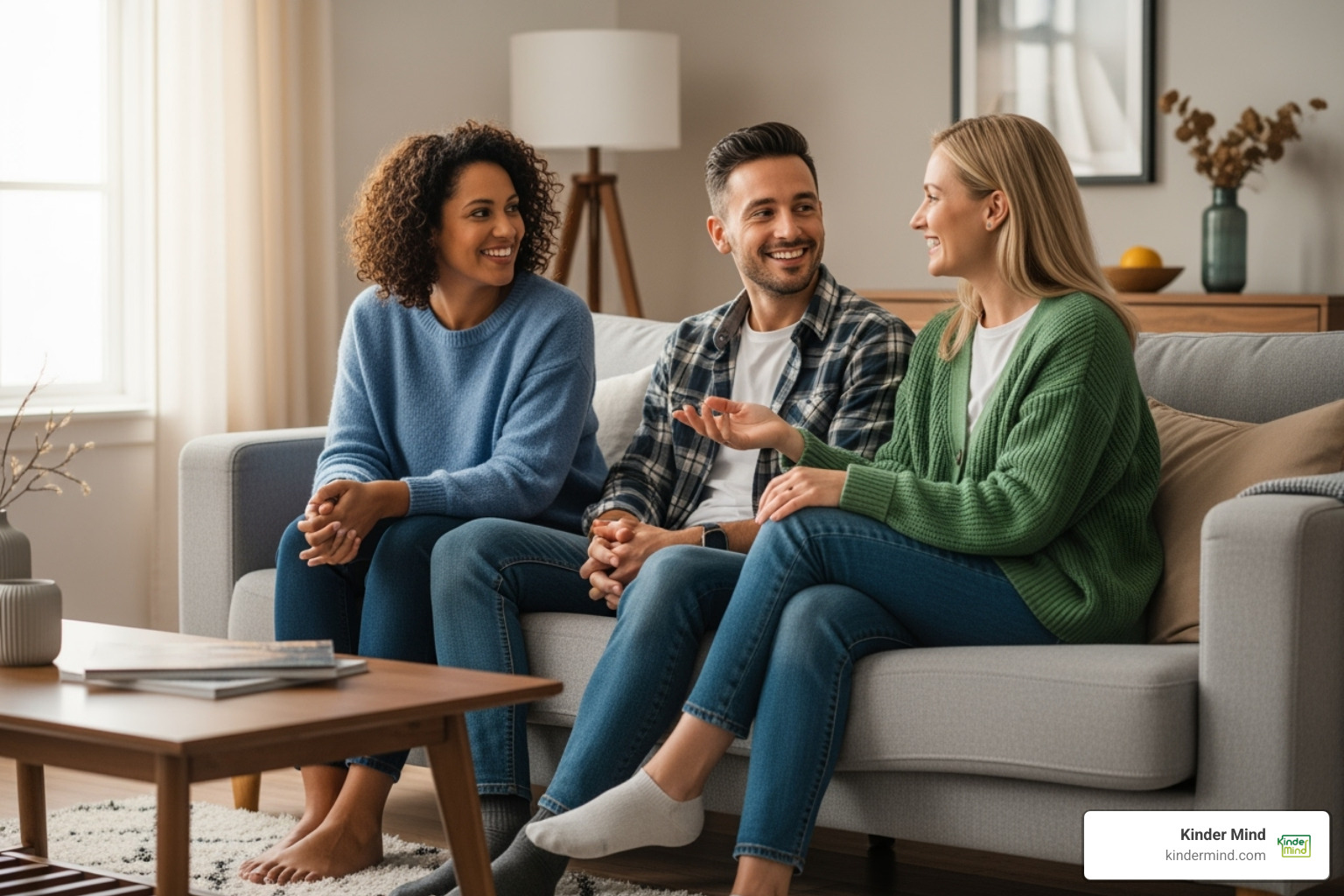 three people sitting together on a couch, talking and smiling - Dating in polyamory