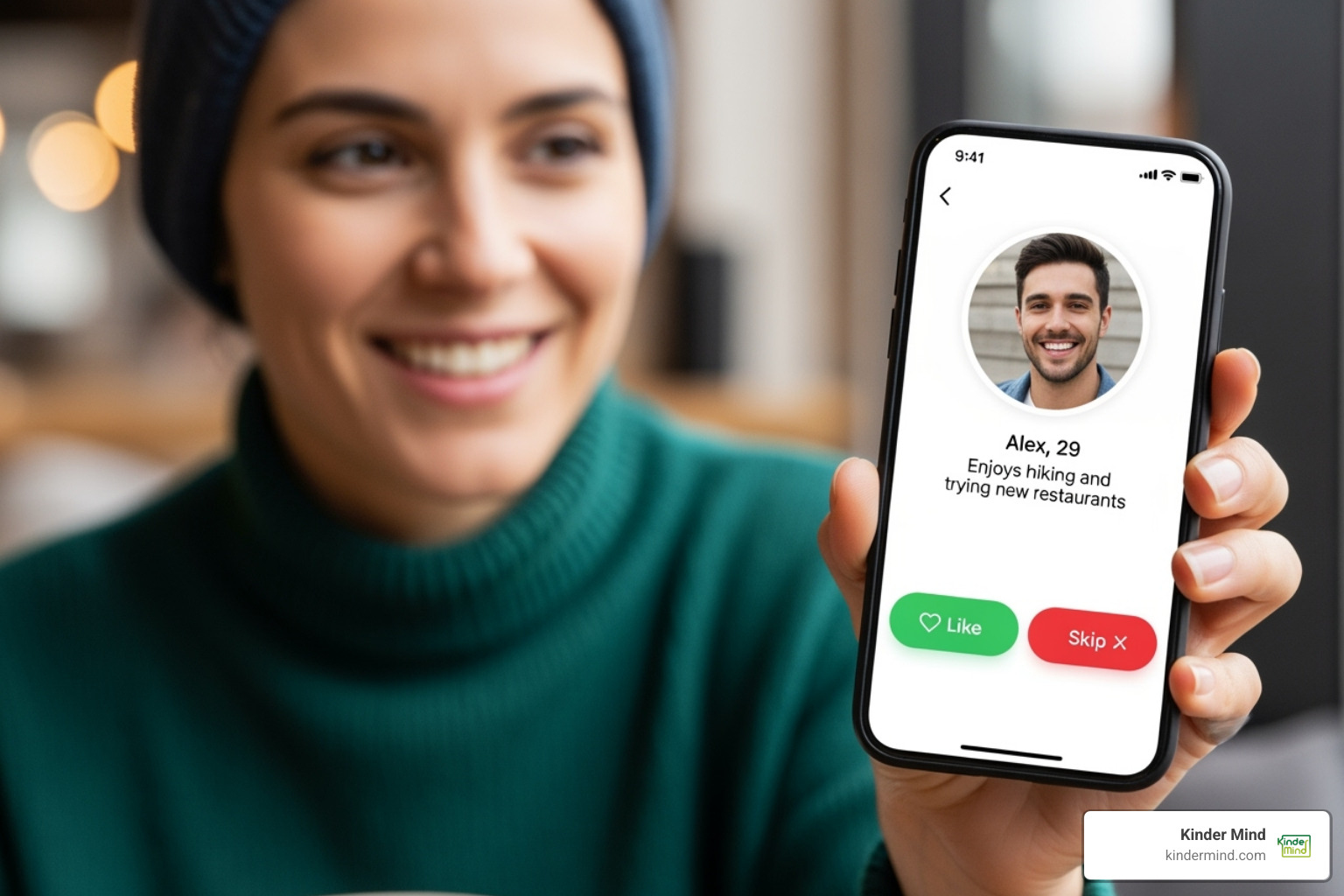 person smiling at their phone, showing a dating app interface - Dating in polyamory