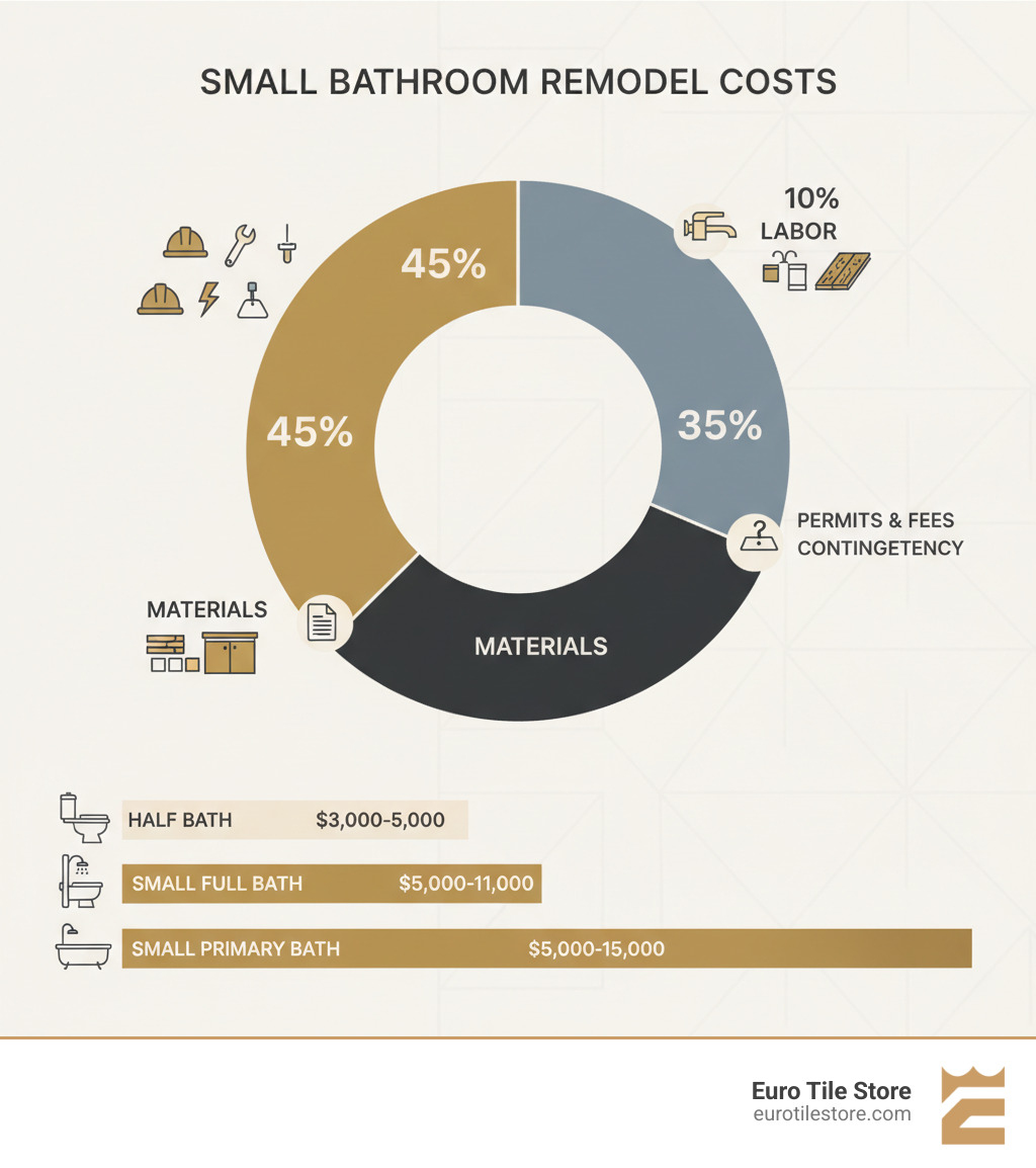 infographic showing breakdown of small bathroom remodel costs: 45% labor (general contractor, plumber, electrician, tile setter), 35% materials (fixtures, tile, vanity, flooring), 10% permits and fees, 10% contingency for unexpected issues; includes average cost ranges by bathroom type - half bath $3,000-5,000, small full bath $5,000-11,000, small primary bath $5,000-15,000 - how much does a small bathroom remodel cost infographic 