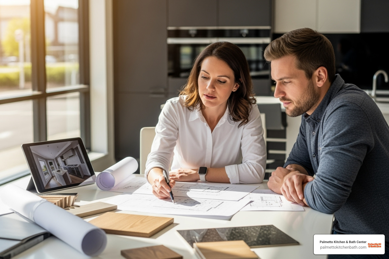 A designer and homeowner reviewing kitchen blueprints - custom kitchen remodeling miami fl