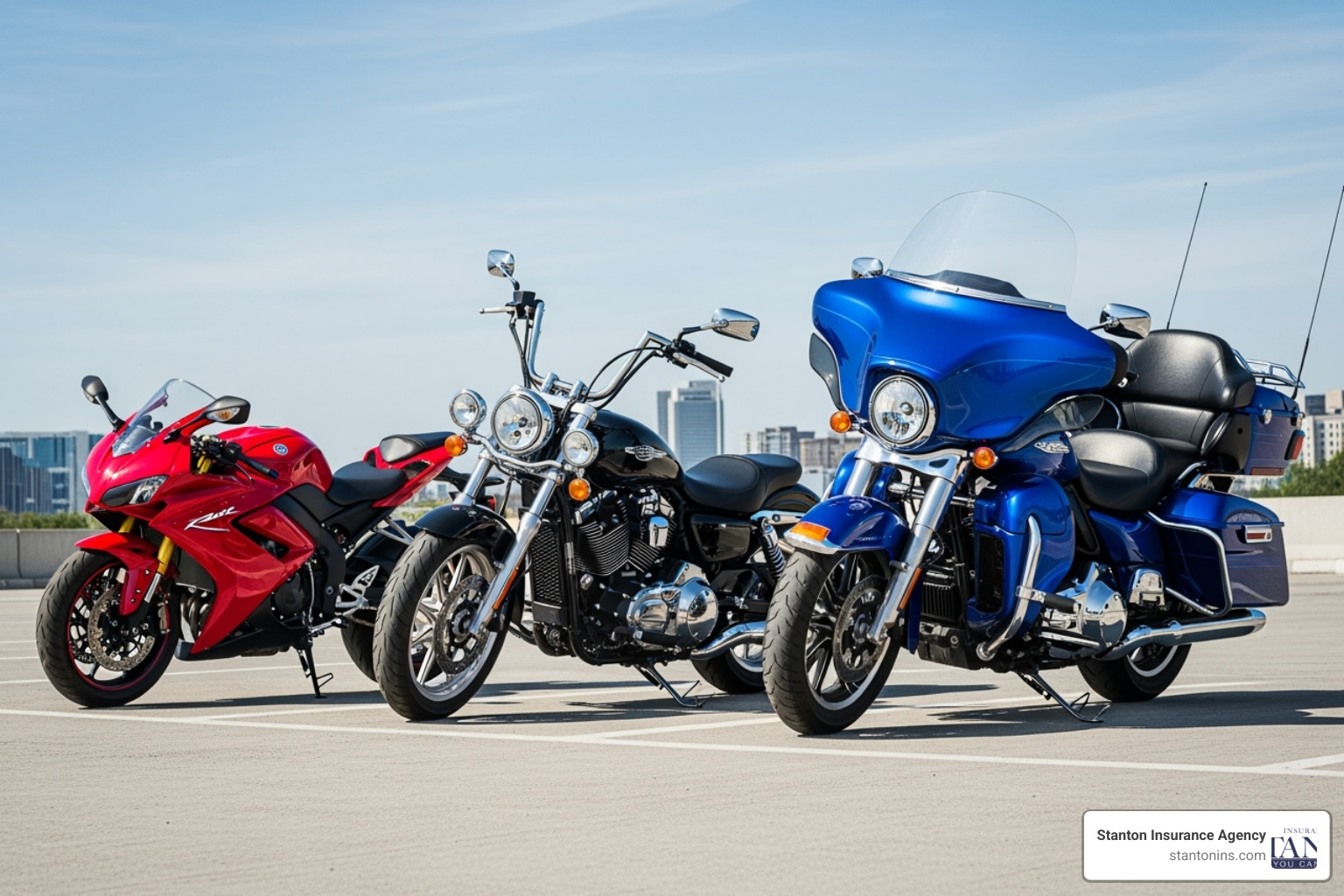 three different motorcycles side-by-side: a sport bike, a cruiser, and a touring bike. - Motorcycle Insurance Price