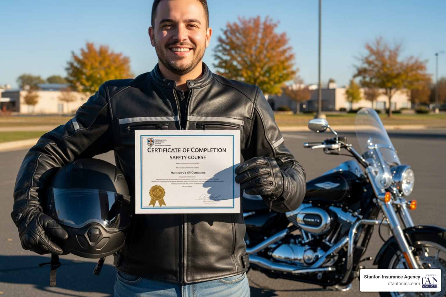rider proudly holding a certificate from a motorcycle safety course - Motorcycle Insurance Price