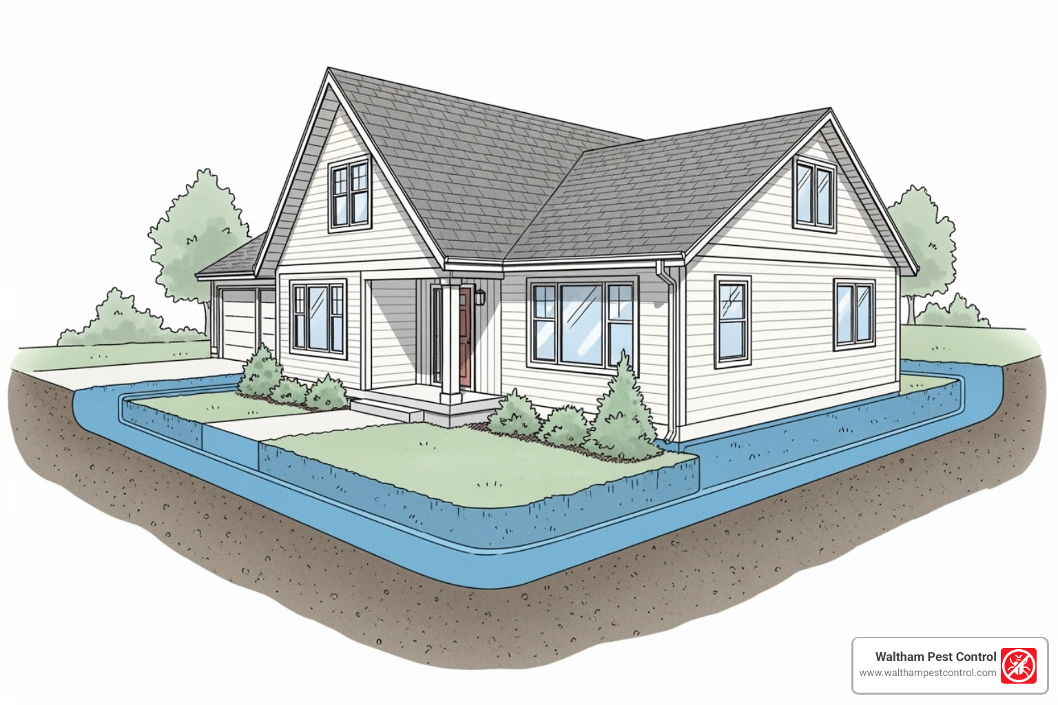 Diagram showing a liquid barrier treatment around a home - termite inspection companies