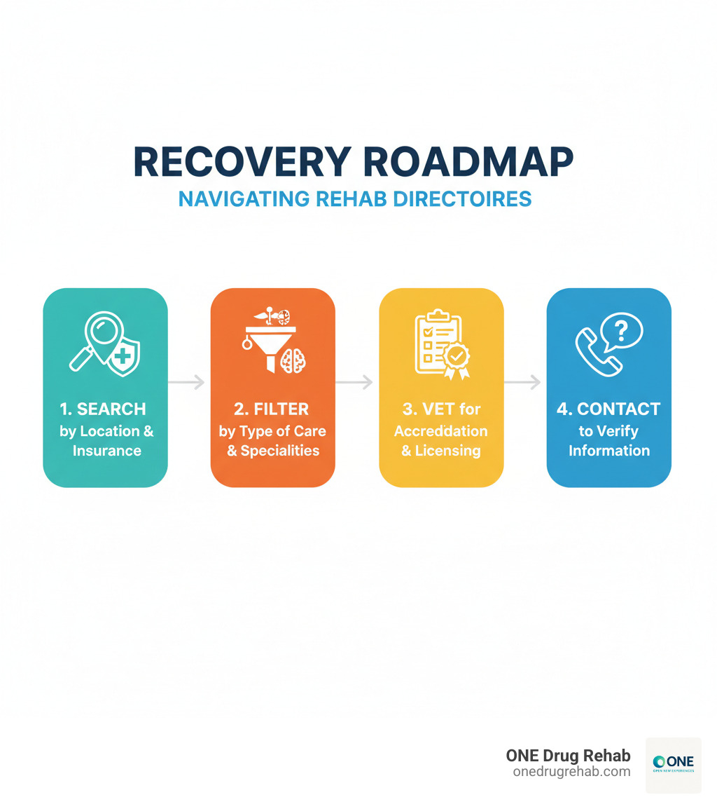 Infographic showing four steps: 1. Search by location and insurance, 2. Filter by type of care and specialties, 3. Vet facilities for accreditation and licensing, 4. Contact facilities to verify current information - national rehab directory infographic 