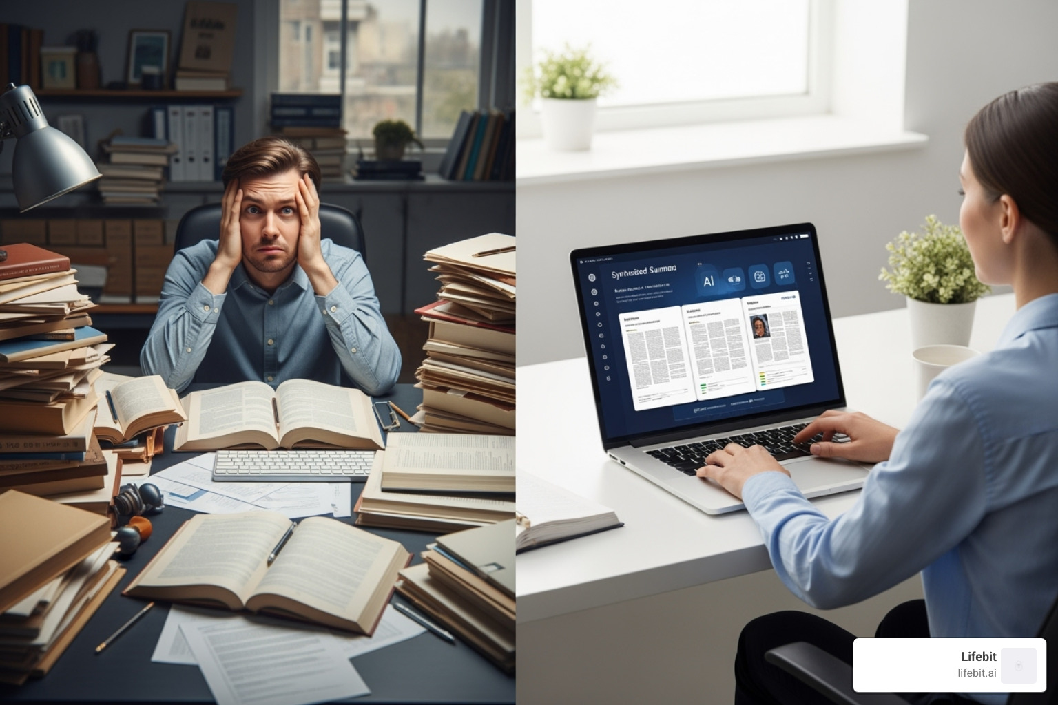 A split image showing on the left a cluttered desktop with stacks of paper and a confused researcher, and on the right a researcher calmly interacting with a clean AI interface on a laptop, with synthesized summaries. - AI powered research A split image showing on the left a cluttered desktop with stacks of paper and a confused researcher, and on the right a researcher calmly interacting with a clean AI interface on a laptop, with synthesized summaries. - AI powered research