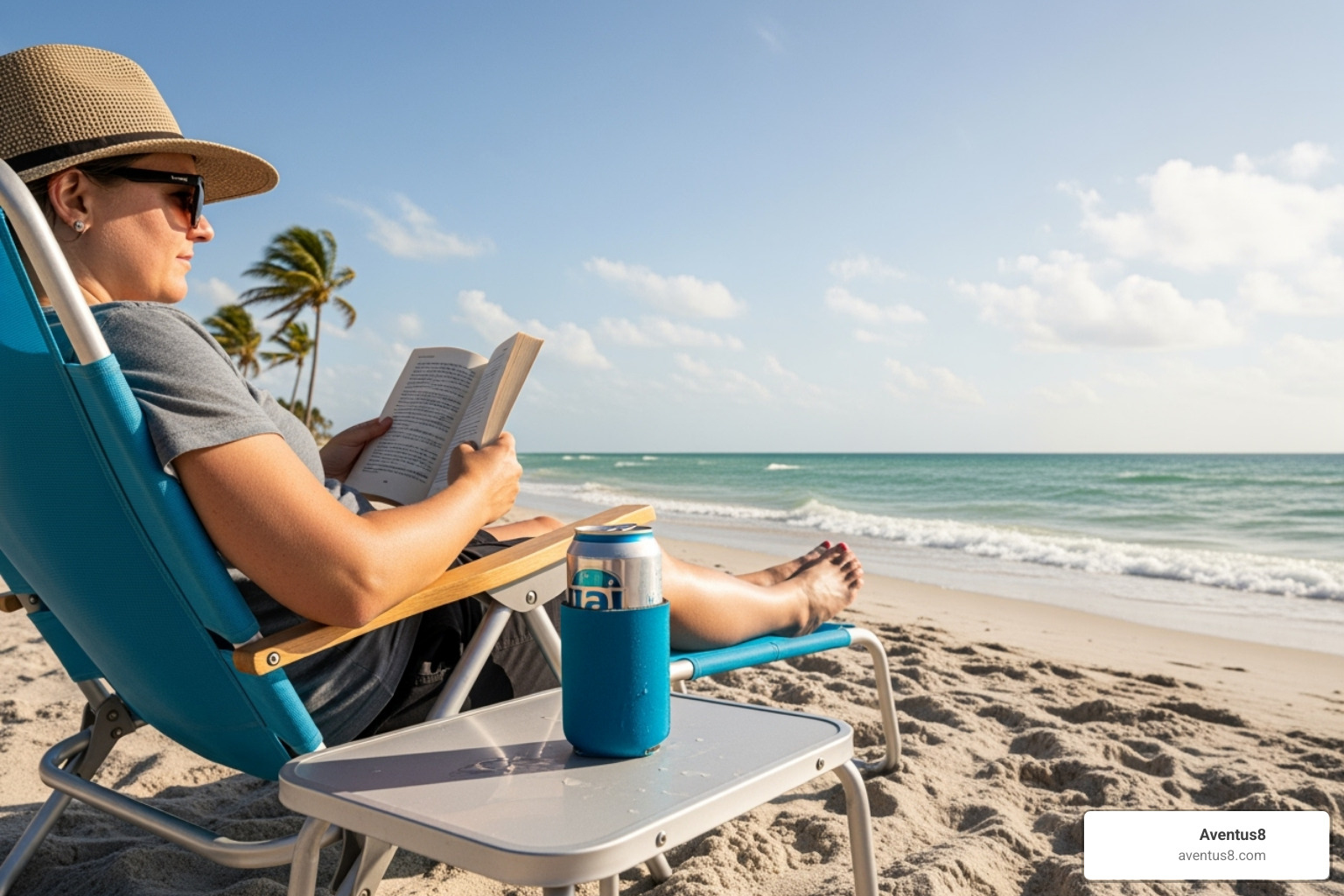someone lounging in a beach chair with a chilled can and a book - best cannabis drinks