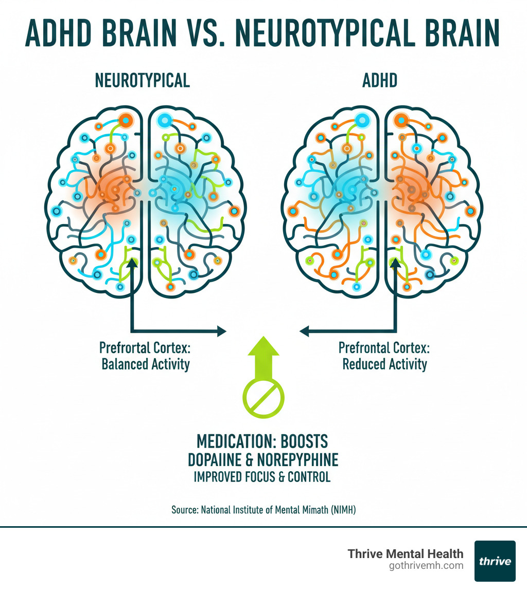 Infographic showing dopamine and norepinephrine pathways in ADHD brain versus neurotypical brain, highlighting reduced neurotransmitter activity in prefrontal cortex for ADHD and how medication increases these levels - adhd in adults medication infographic 
