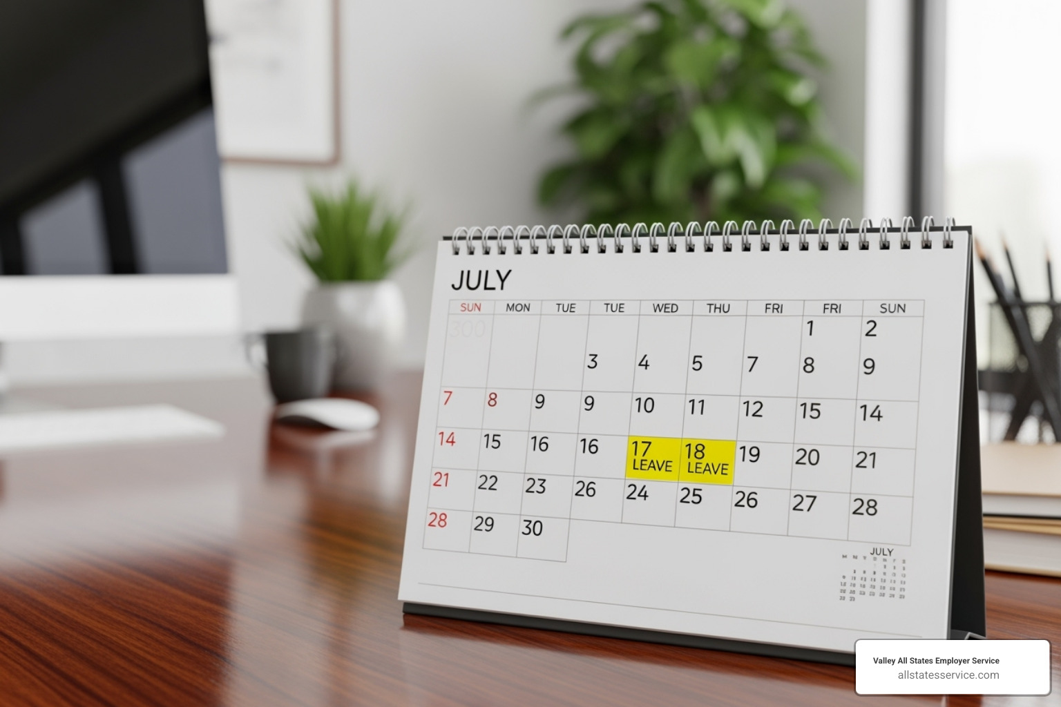 Calendar with highlighted leave days - Maryland employment law compliance