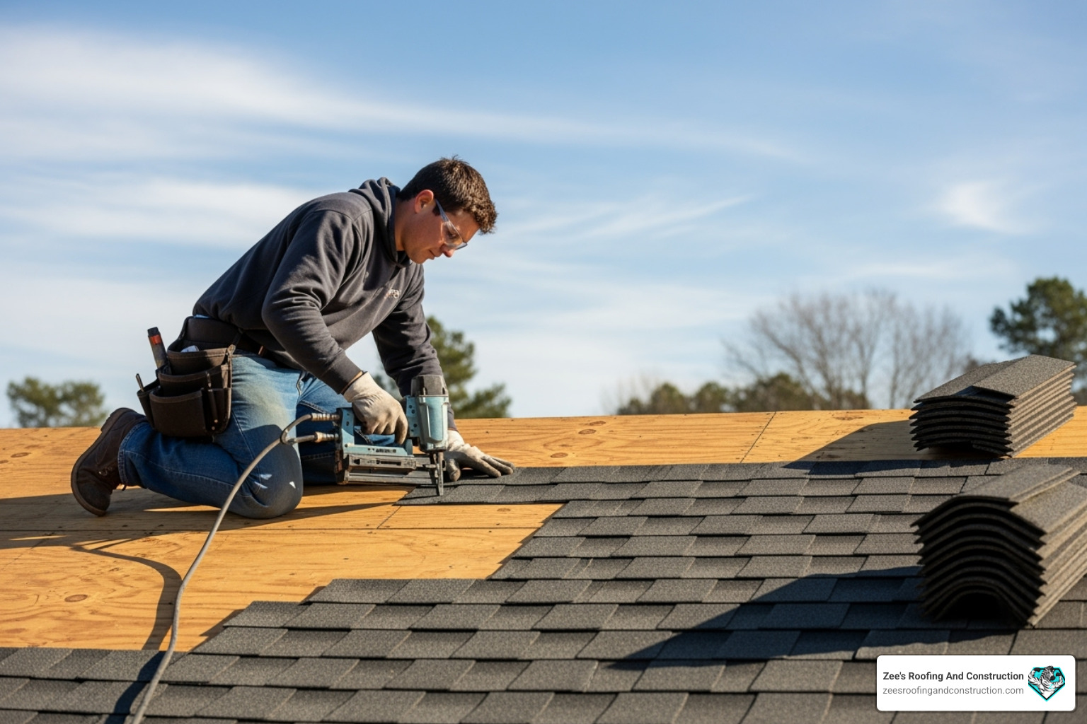 roofer carefully nailing down an asphalt shingle - asphalt shingle roofs